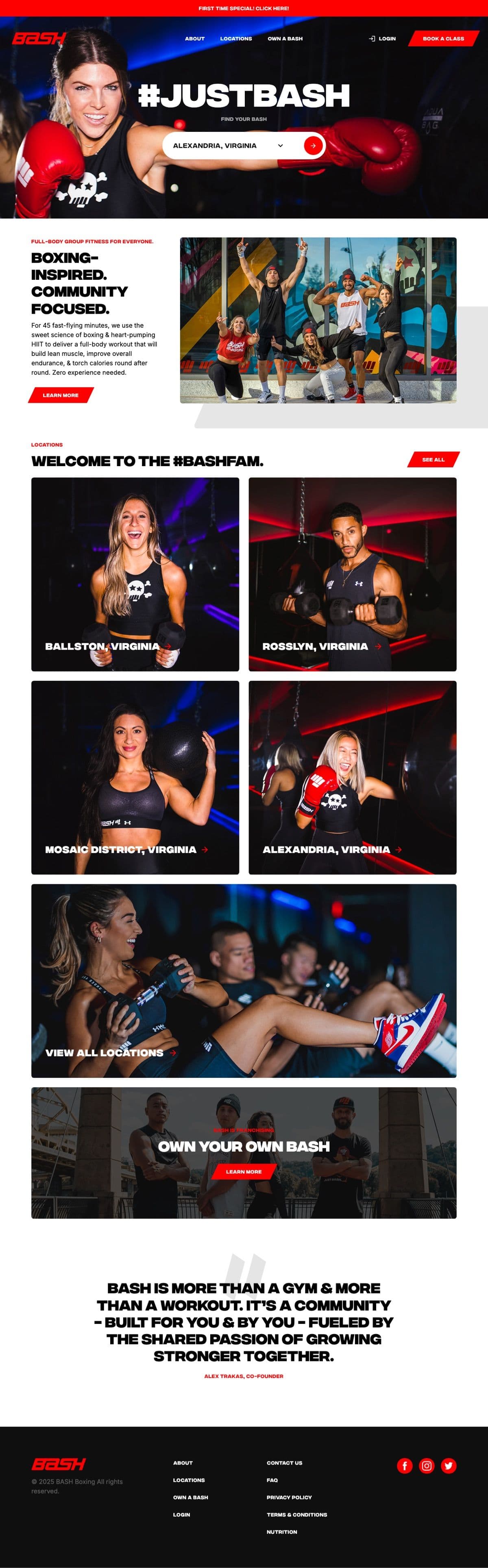 Full page view of the homepage on the BASH Boxing website