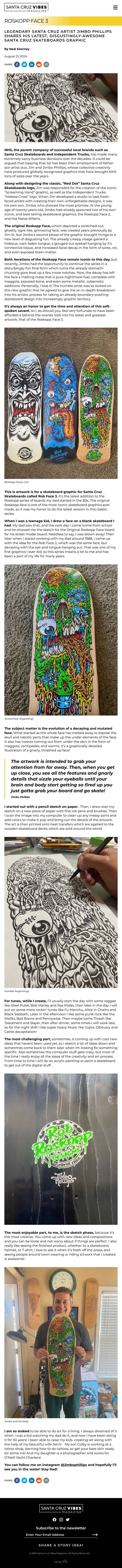 Mobile view of an article on scvibesmagazine.com featuring Jimbo Phillips, artist for Santa Cruz Skateboards