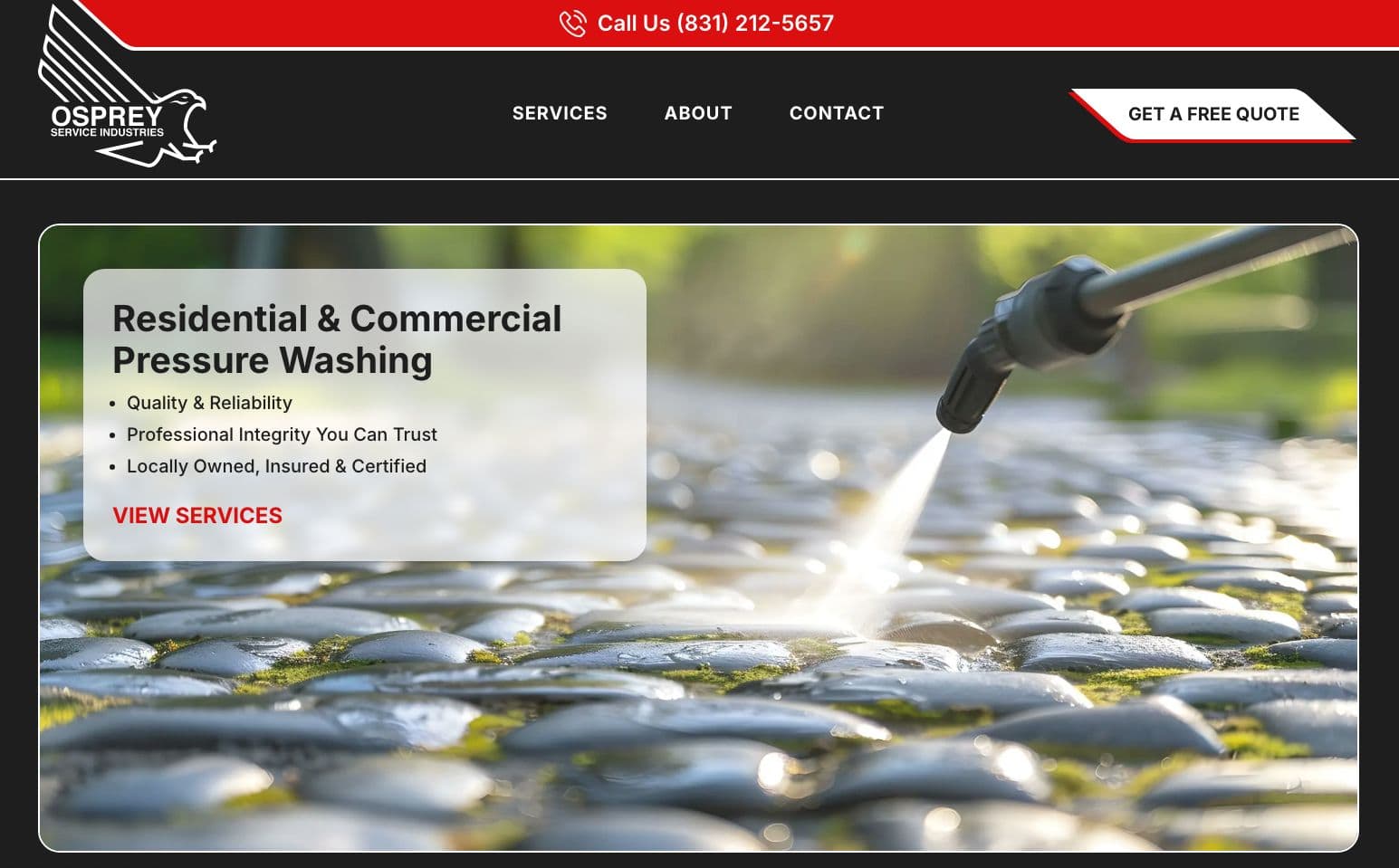 Top section of homepage design for Osprey Service Industries of Santa Cruz & Monterey County.