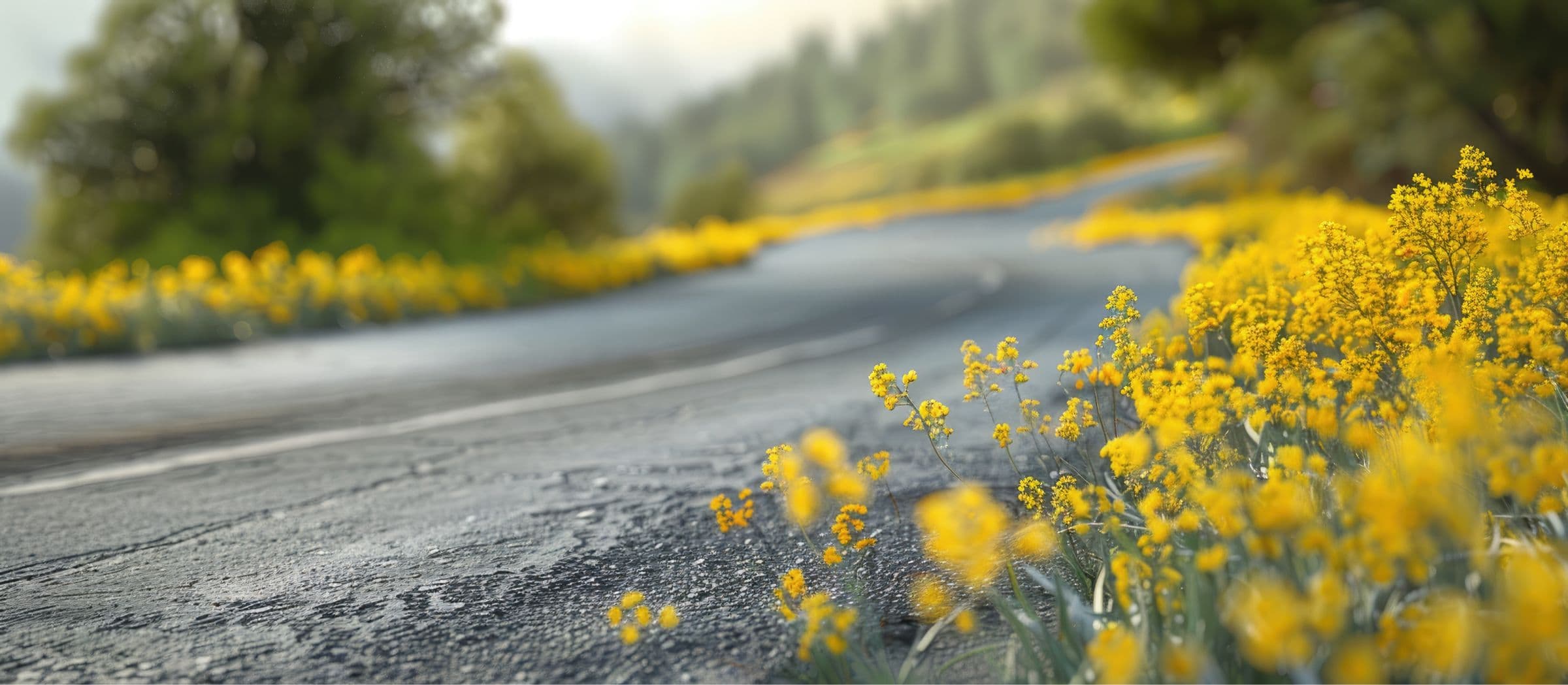 Yellow wildflowers growing alongside a road