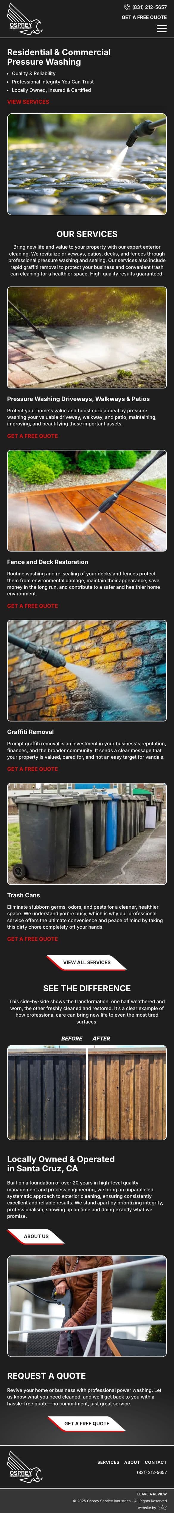 Mobile-responsive website development for Osprey Service Industries, a Santa Cruz-based pressure washing business.