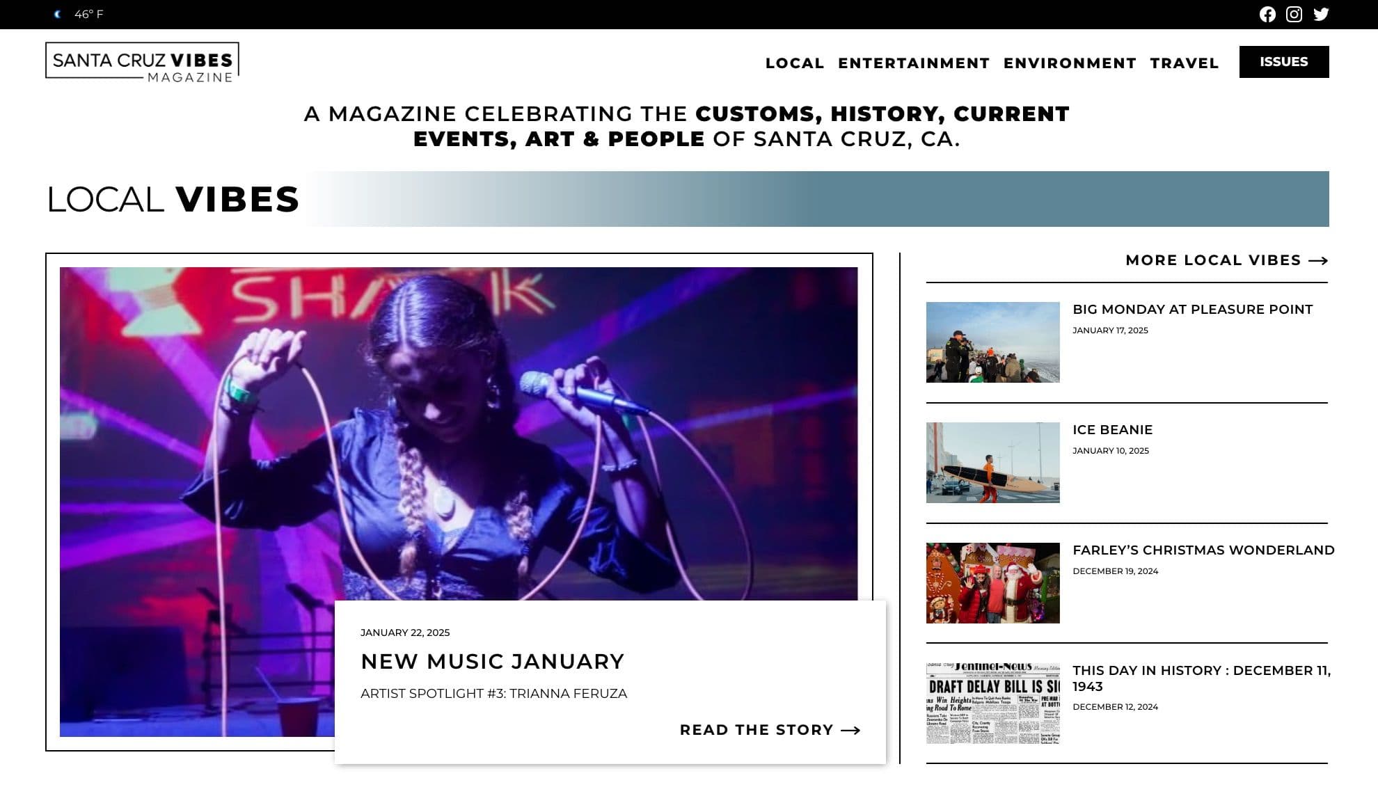 Santa Cruz Vibes Magazine Homepage showing Local Vibes section