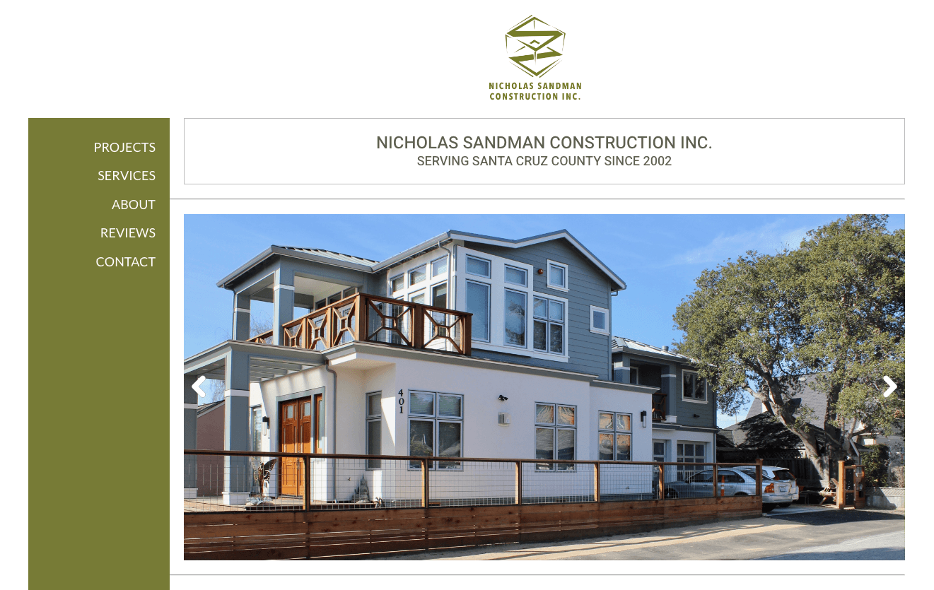 Nicholas Sandman Construction website homepage showcasing residential construction projects in Santa Cruz