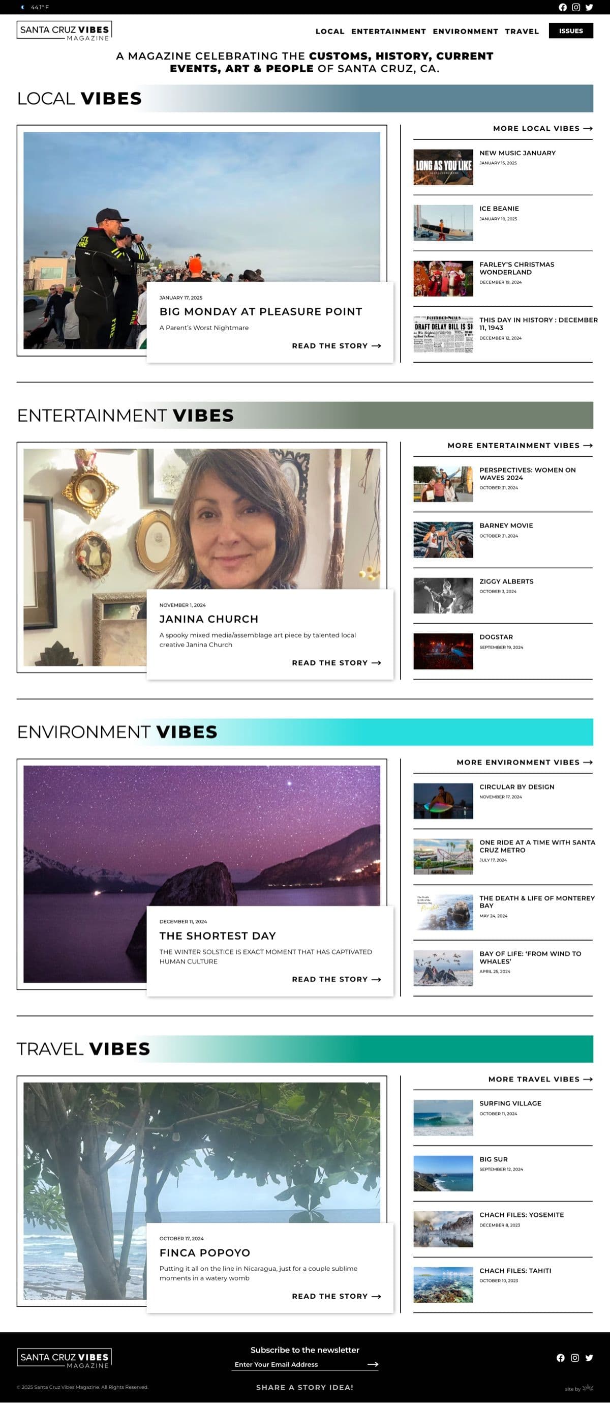 Full page screenshot of Santa Cruz Vibes Magazine website.