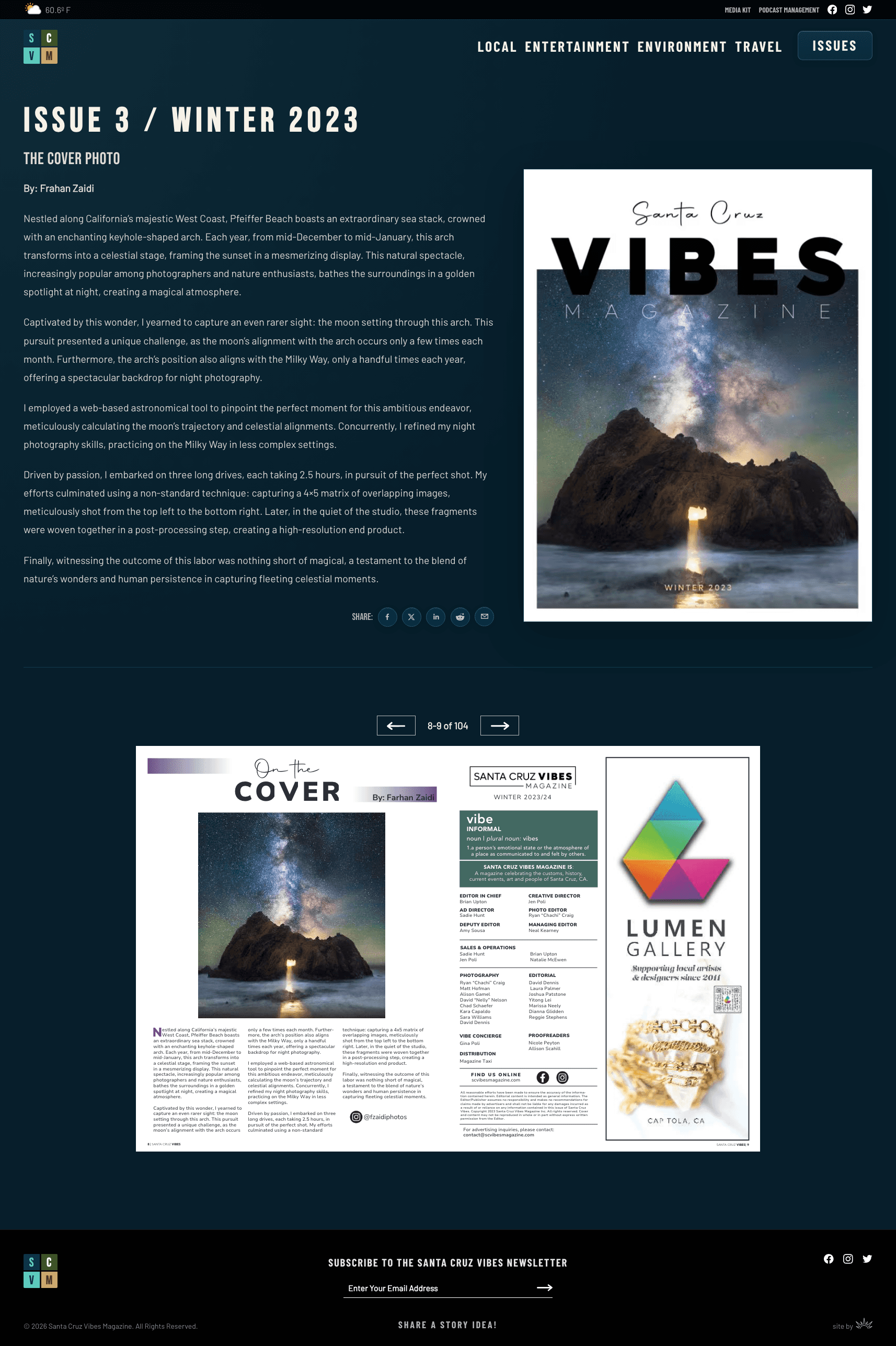 Redesigned Santa Cruz Vibes magazine website issue detail page from issue 3
