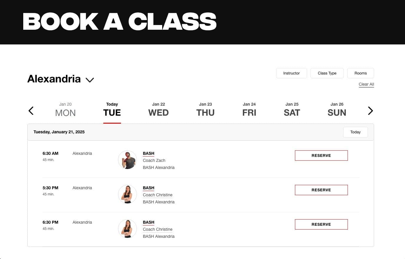 Book A Class section of the BASH Boxing website