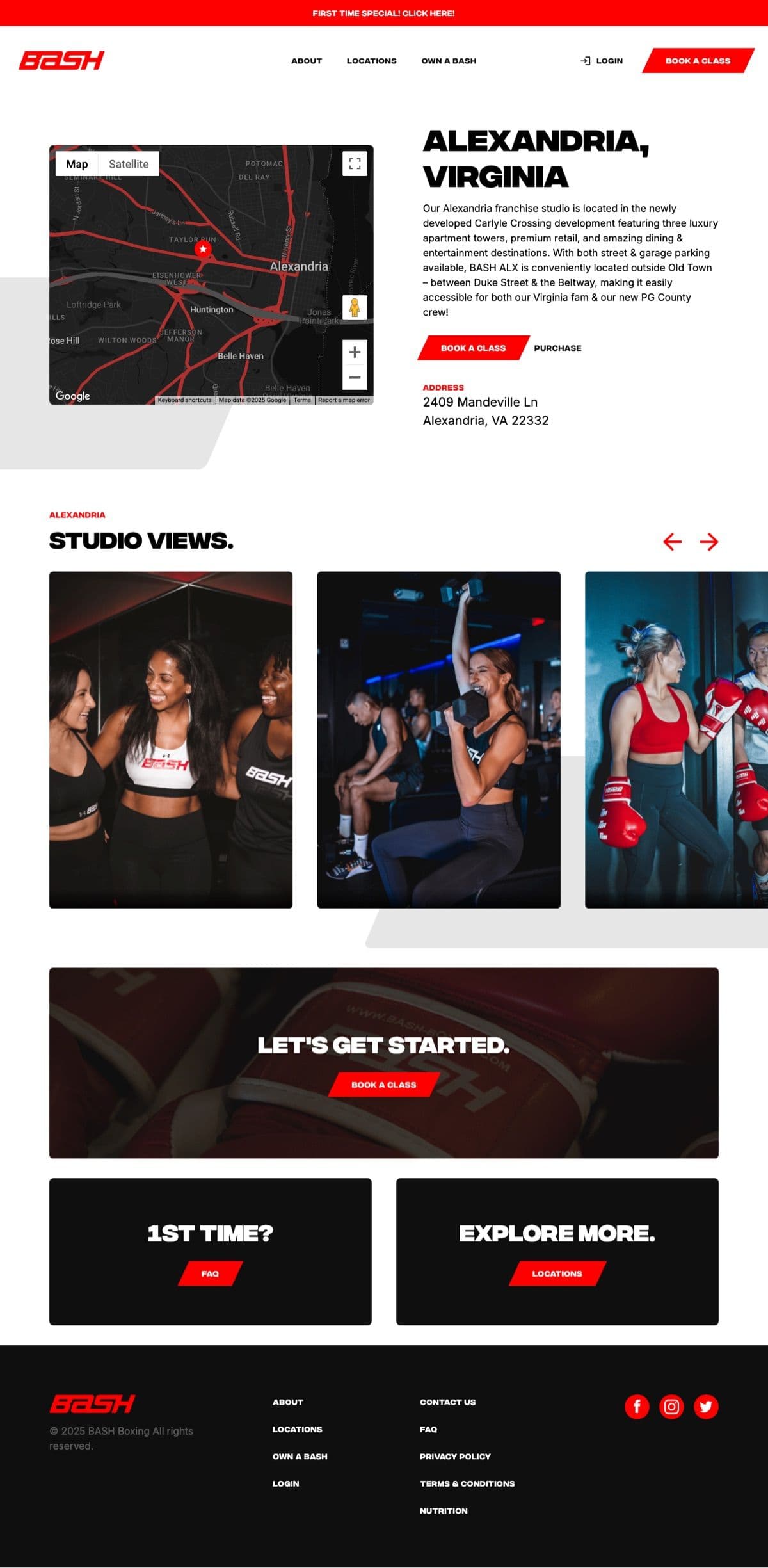 Full page screenshot of a location detail page on the BASH Boxing website